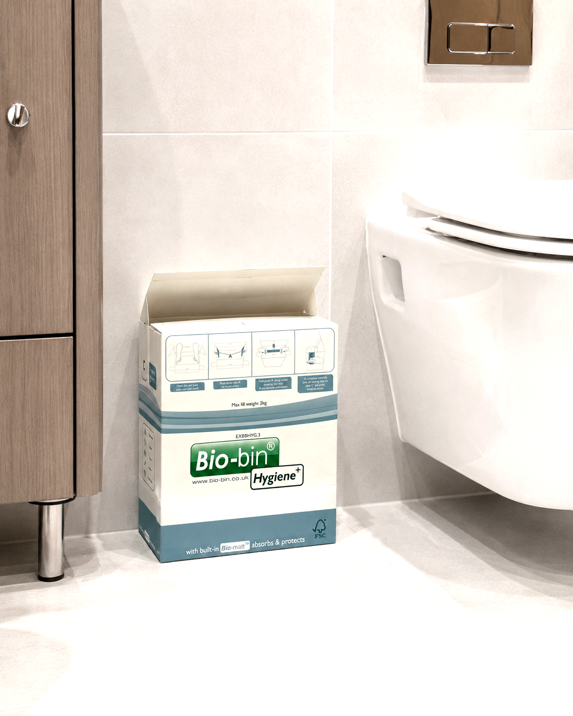 Bio-bin Hygiene+ sanitary bin service alternative for workplace washrooms